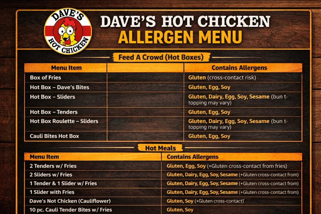Dave’s Hot Chicken Allergy Menu
