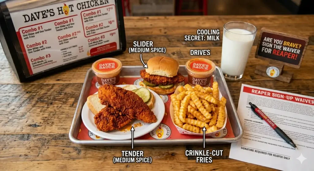 Dave's Hot Chicken meal combo with Medium slider, tender, and Reaper waiver.