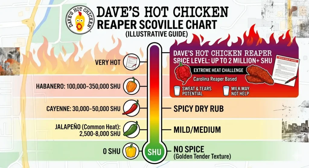 Dave's Hot Chicken Reaper Scoville chart compared to Jalapeño and Habanero peppers.